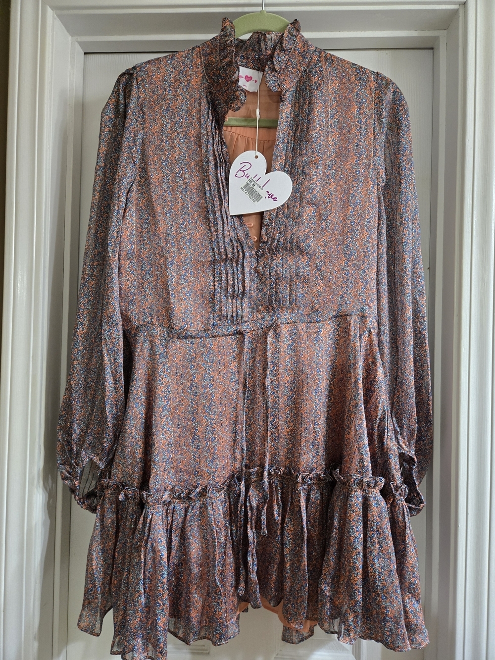 Buddy Love Rust and Blue Floral Ruffle Tiered Long Sleeve Dress